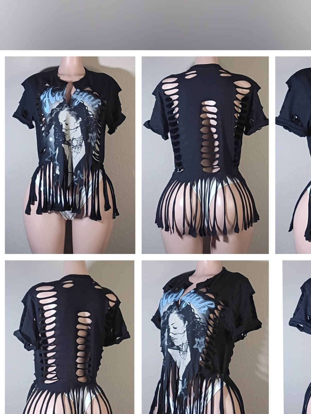 Black Aaliyah Custom  Distressed Fringe Graphic Tee